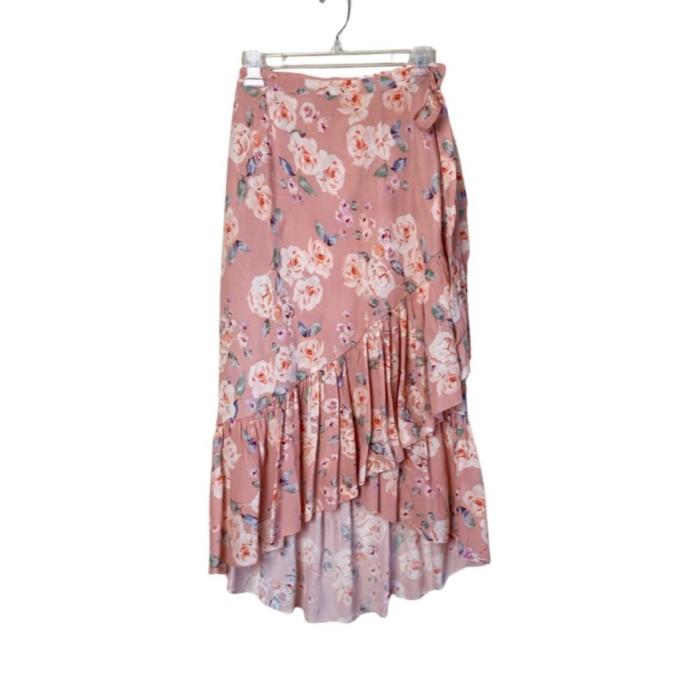 Love Sam for Anthropologie Pink Coral Floral Print Wrap Ruffle Trim Skirt Small